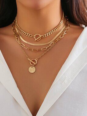 Multi-Layer Heart Pendant Toggle Clasp Stacked Gold Necklace